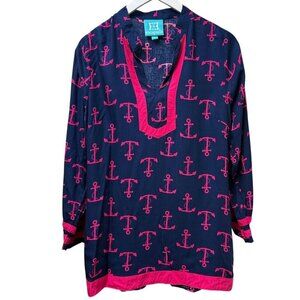Escapada Tunic Blouse Medium Nautical Anchors Navy Blue Pink Rayon Womens Top